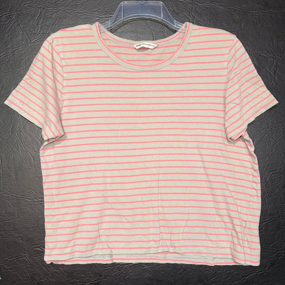 American Eagle Womens Crop Top T Shirt Short Sleeve Stripes Gray Pink Small